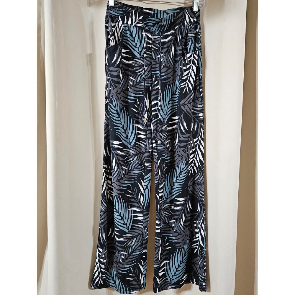 Beach Break Womens XS Wide Leg Tropical Palm Leaf Print Lounge Pants Blue Black